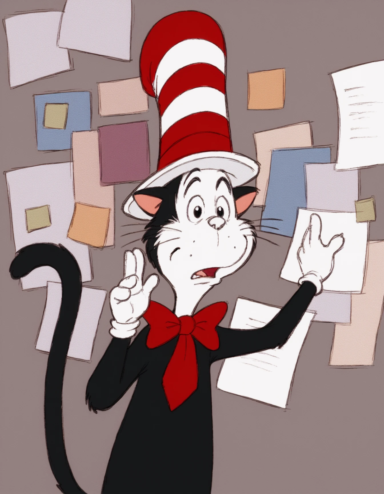 score_9, score_8_up, score_7_up, score_6_up, cartoonish and mischievous nature of the character
k1t1nTh3Hat1971,whimsical anthropomorphic cat, black fur, white face, red-and-white striped hat, red bow, cat ears, white nose, white gloves, black eyes, PepeSilviaMeme, paper, hand against wall, portrait <lora:PepeSilviaMeme_pdxl_Incrs_v1:1>
<lora:k1t1nTh3Hat1971_XL:0.8>
