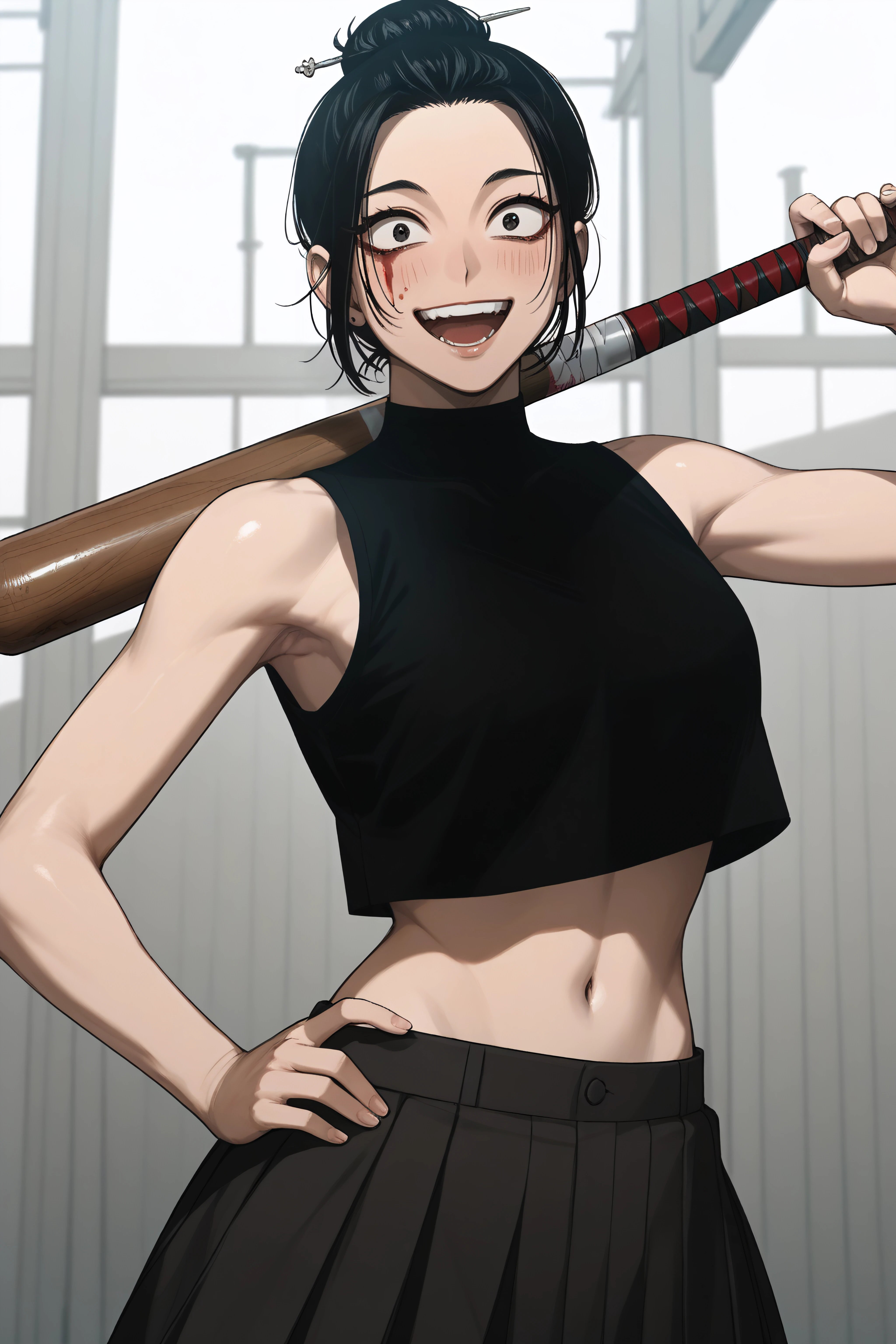 score_9, score_8_up, score_7_up, score_6_up, source_anime, BREAK, <lora:Han Gayoon-PonyXL-lora-Faxtron:1> han gayoon, black eyes, black hair, single hair bun, black crop top, sleeveless, bare shoulders, navel, pants,  <lora:SukebanDelinquent_Girl_Outfit:1> Sukeban, serafuku,wooden sword, long skirt, baseball bat, navel, blood, crazy smile,