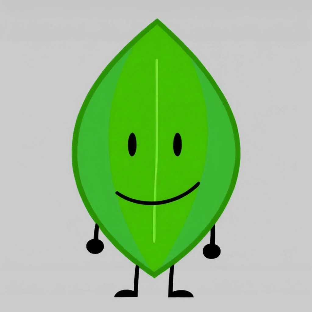 masterpiece, score_9, score_8_up, black outlines, cartoon style, minimalist design, LeaaffBfdi, full body, standing, digital art, 1girl, solo, female focus, anthropomorphic leaf,  from front, standing, leaf-shaped character, no humans, black limbs, black arms, black legs, smooth green skin, bright highlights, central vein detail on leaf, dotted eyes, black eyes, cute expression, vibrant and clean colors, cheerful design, no clothing, white background