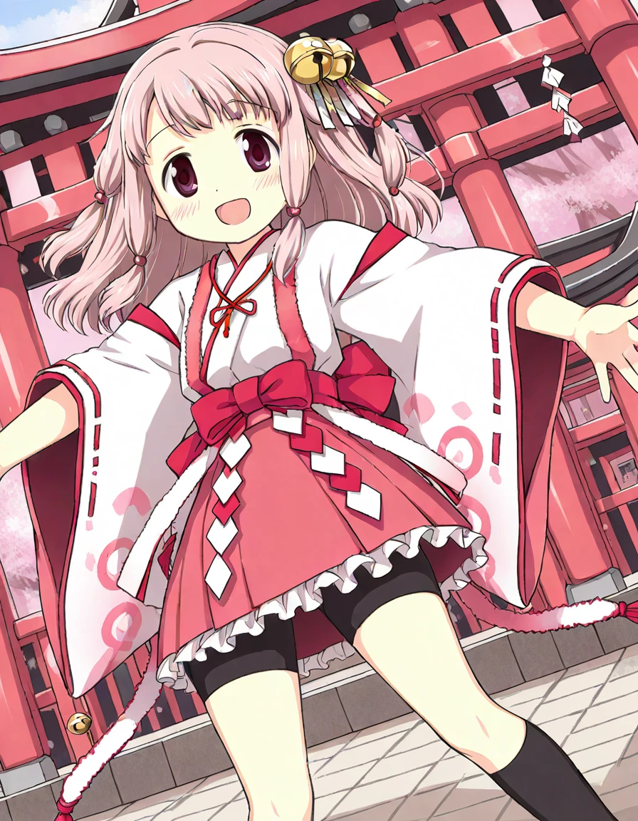 tamaki ui, miko, shorts under skirt, black kneehighs, smile, open mouth, dancing, solo, shrine, dutch angle, <lora:20241117154753_tamaki_ui_animagine-xl-3.1:0.7>