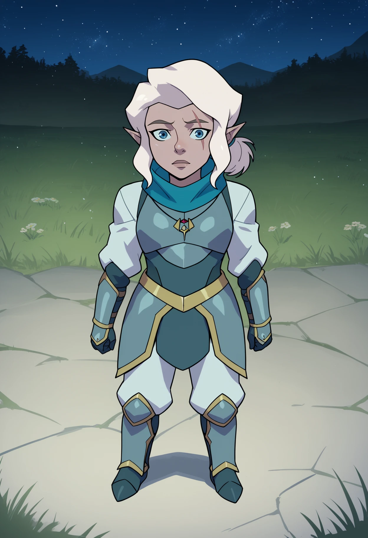 score_9, score_8_up, score_7_up, BREAK,
1girl, pike, white hair, ponytail, blue eyes, scar across eye,
pointy ears, gnome,
blue scarf,   necklace,
armor, breastplate, pauldrons, white pants, armored boots,
full body, looking at viewer, standing, contrapposto, night, starry sky, grass, moutains background   <lora:PikeTrickfootPDXL_byKonan:1>