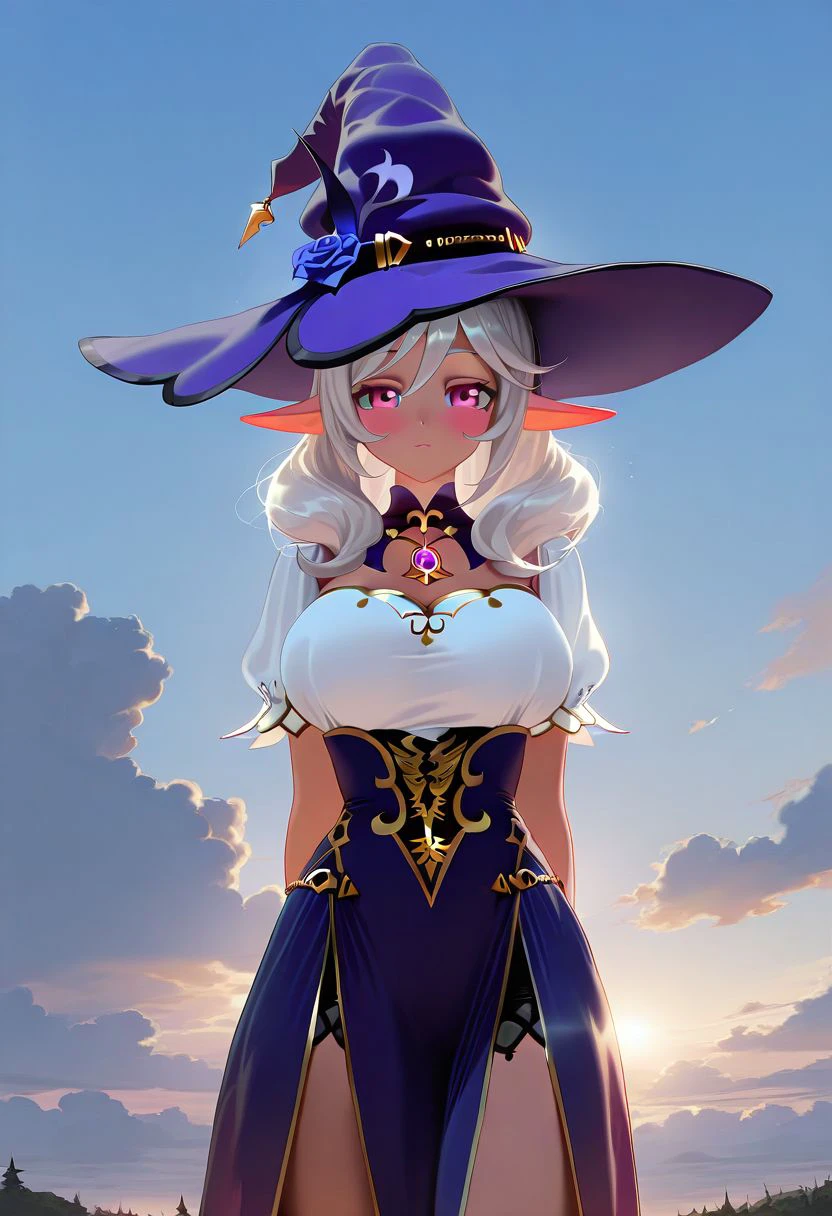 masterpiece, best quality, amazing quality, very aesthetic, absurdres, <lora:bellatrix(illust) 0.3v post:1>,
1girl, solo, medium hair, purple eyes, white hair, grey hair, pointy ears, dark skin, dark-skinned female, elf, dark elf, long pointy ears,
lisa \(genshin impact\)(cosplay), standing, looking at viewer, large breasts, outdoors, sky, clouds,  <lora:WHM(Illust)0.1v:1>hat, witch, straight-on, skirt