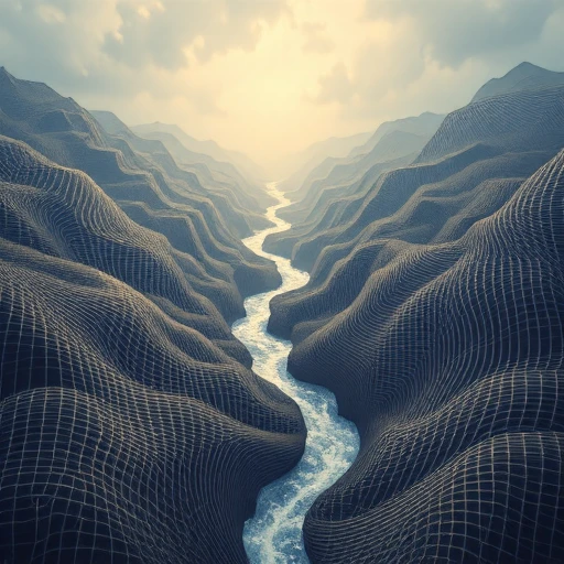 Fine grids that twist and intersect, creating a pattern that appears to vibrate with movement., A river flowing upward into the sky