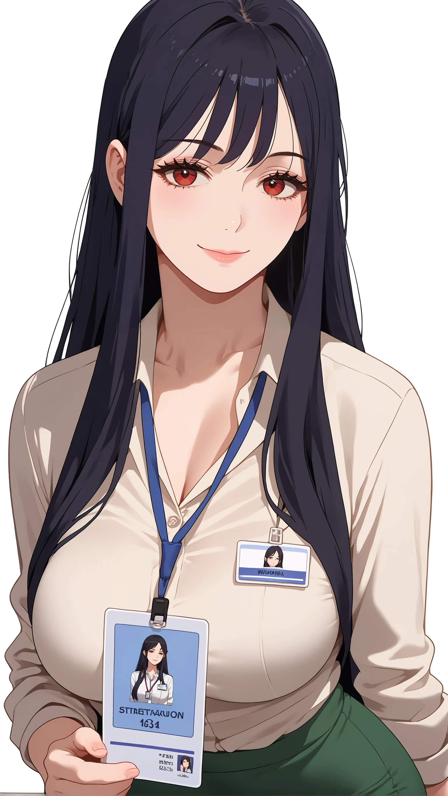 solo, looking at viewer, standing, seductive smile, <lora:DahyunPonyV2:1>, offcdahyun, large breasts, red eyes, black hair, long hair, sidelocks, bangs, white shirt, dress shirt, id card, lanyard, green skirt, pencil skirt, black pantyhose, black high heels, upper body, white background,, score_9, score_7_up, source_anime