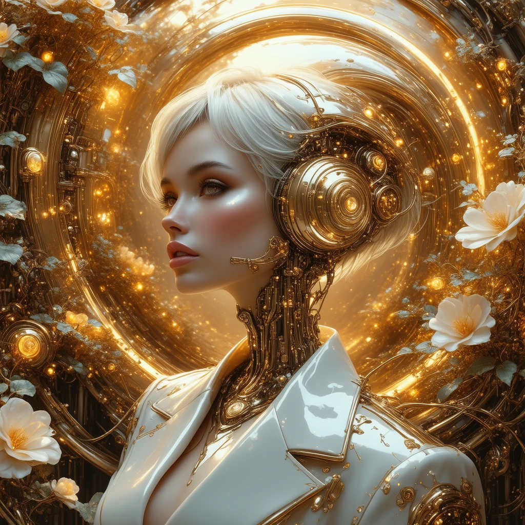 A luminous biomechanical female atomic scientist, glowing within warm spirals of golden and amber energy. Her modern art nouveau blazer, with a plunging neckline, shifts seamlessly into orbit-like patterns crafted in delicate brass filigree. Her short hair flows softly like radio waves, catching the cool gleam of the chrome and brass sanctuary. The lab blooms with mechanical flowers radiating pearlescent tones, merging organic beauty with atomic-age optimism.
