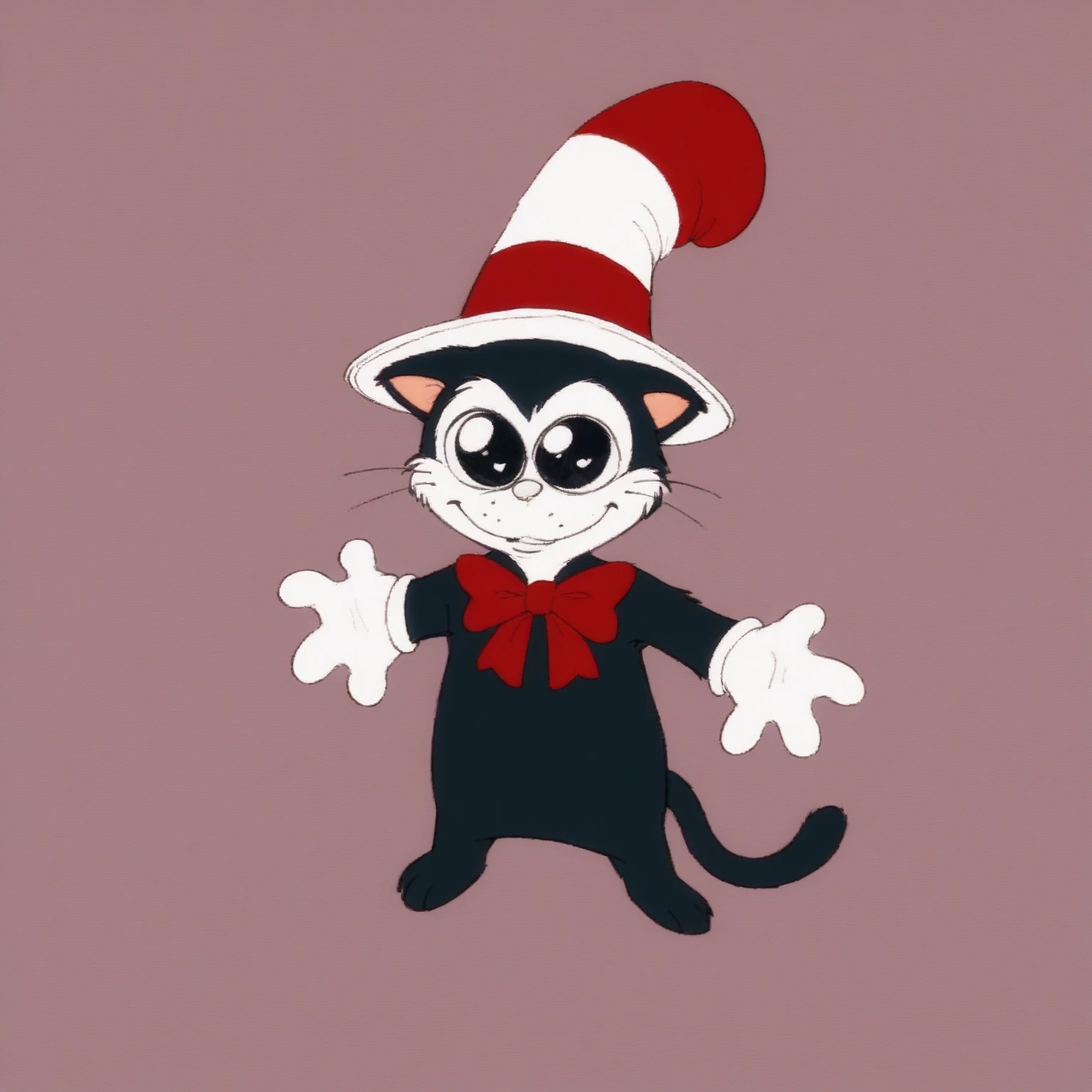score_9, score_8_up, score_7_up, score_6_up, cartoonish and mischievous nature of the character
k1t1nTh3Hat1971,whimsical anthropomorphic cat, black fur, white face, red-and-white striped hat, red bow, cat ears, white nose, white gloves, black eyes, mikus-concept, full body, barefoot
<lora:Silly_Guy__Concept:1>
<lora:k1t1nTh3Hat1971_XL:0.9>