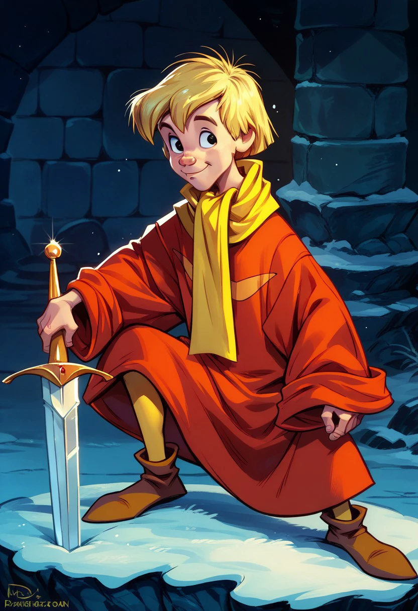 score_9, score_8_up, score_7_up, CuteCartoonStyle, 1boy, solo, male focus, Arthur, Blonde Hair, Black Eyes, Red Robe, Yellow Scarf, Tan Leggings, Brown Shoes, sword in the stone