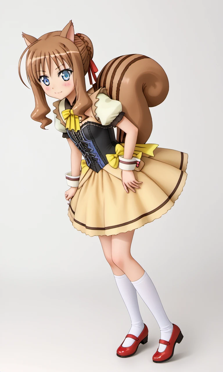full body, Kuberu, 1girl, blue eyes, brown hair, ahoge, hair ribbon, squirrel ears, squirrel tail, detached cuffs, short puffy sleeves, bow, dress, corset, black pleated skirt, white kneehighs, red shoes