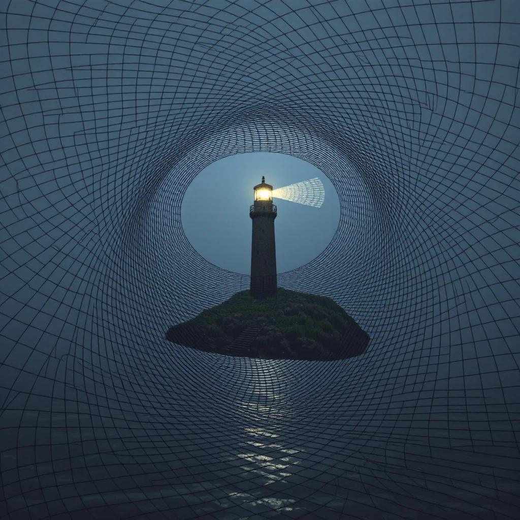 Fine grids that twist and intersect, creating a pattern that appears to vibrate with movement., A lighthouse glowing in a sea of mist