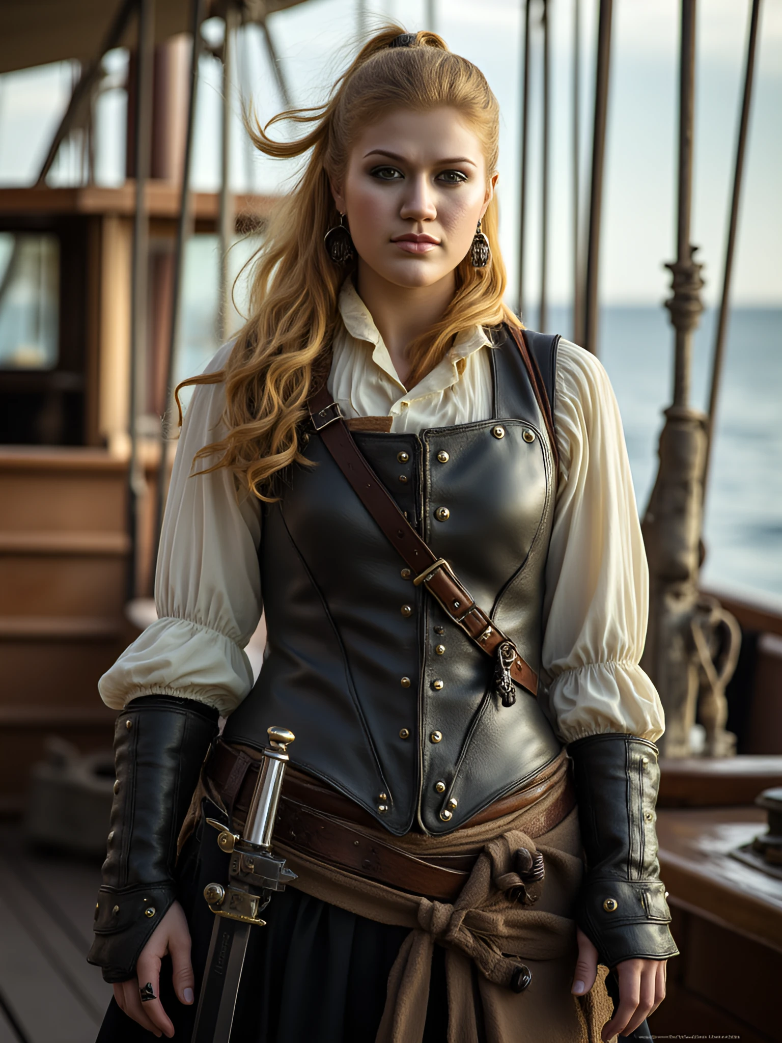 photorealistic portrait of a pretty steampunk viking queen standing on the deck of a well-appointed viking ship, wearing a high-collar ruffled shirt under leather viking armor and holding a pirate cutlass in one hand and a flintlock pistol in her belt
