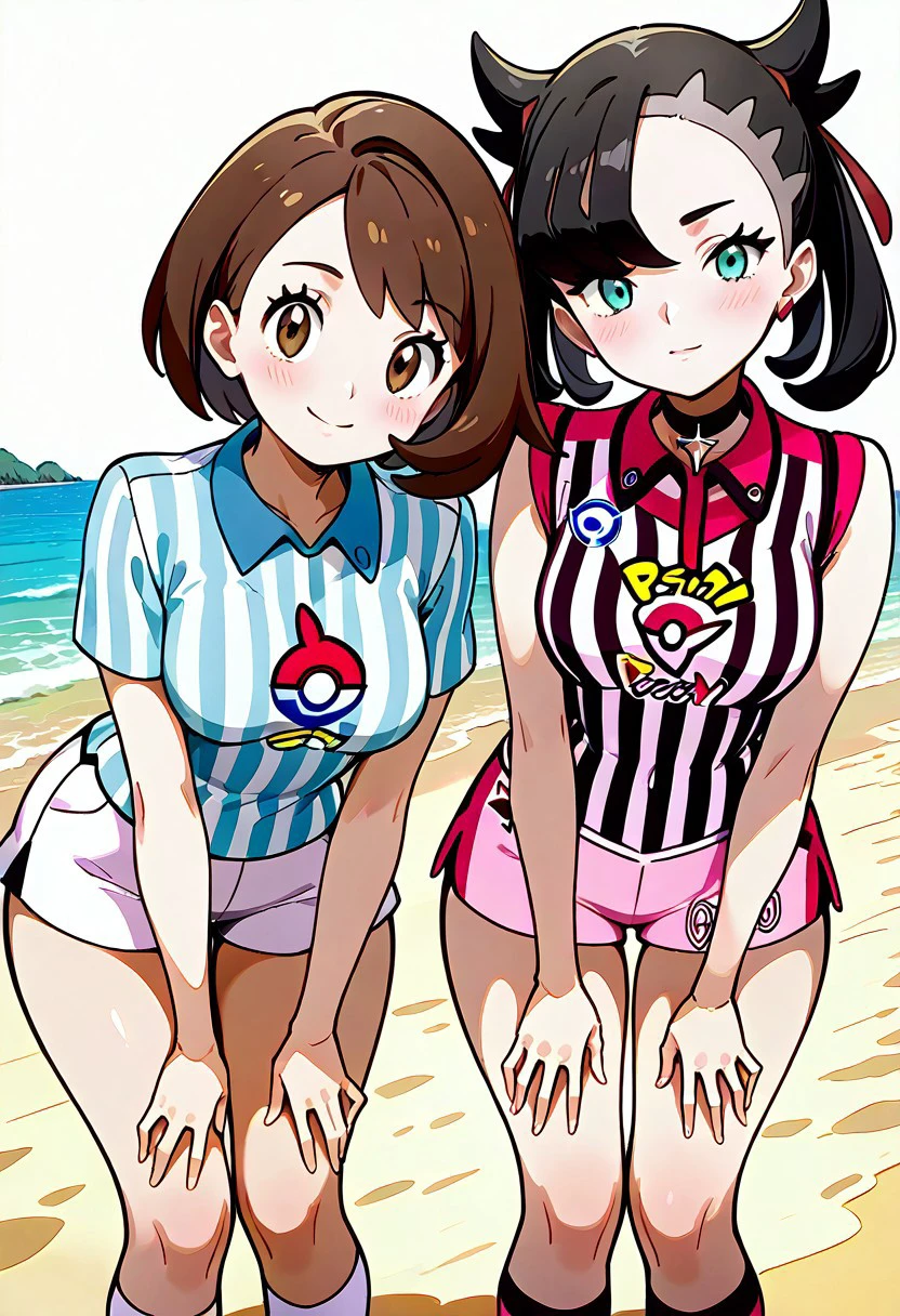 masterpiece, best quality, 32k, high resolution, absurdres, medium breasts, (curvy), cute, eyelashes, vivid colors,
BREAK
2girls, beach, zzMarnie, aqua eyes, red ribbon, black hair, Gloria (pokemon), brown eyes, brown hair, short hair,
,,,
gloriaUniform, collared shirt, white socks, white shorts, short shorts, kneehighs, striped shirt, print shirt, vertical stripes,
smile, looking at viewer, leaning forward, head tilt, blush,