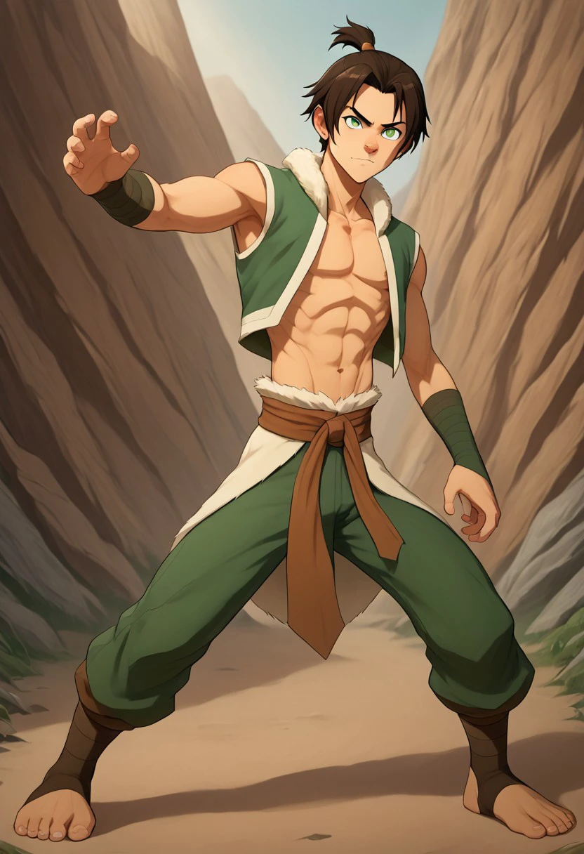 score_9, score_8_up, score_7_up, charturnerv2, high detail, ultra detail, extreme detail, ultra detail, 8k, masterpiece, full body, negative_hand, Ox, brown hair, bangs, short ponytail, green eyes, green vest with fur trim, abs, pectorals, green chinese pants, cream colored fur waist coat, stir-up leg wear, toeless footwear, stern expression, detailed hands, anatomically correct hands, five fingers, detailed feet, anatomically correct feet, human feet, five toes, solo, alone, 1boy, male focus, shorter male, younge face, younger male, earth bender, levitating rocks, rocky mountain background, fighting stance, martial arts,