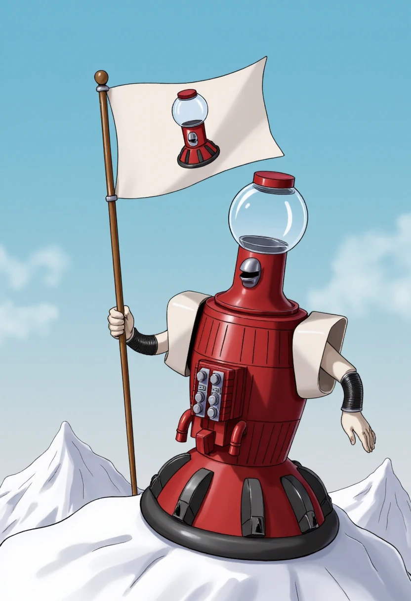 <lora:Tom_Servo_-_MST3K_FLUX:0.8>
Photograph depicting a red-colored robot named TomServo that has a lower base, a spherical head with a transparent, rounded top with a red cap. The robot is sitting on top of a snowy mountain, waving a large flag with a classic gumball dispenser pictured on it.