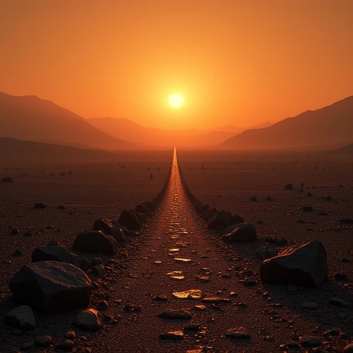 structured and chaotic, death, textured landscape under the warm glow of the setting sun suggests an expansive journey