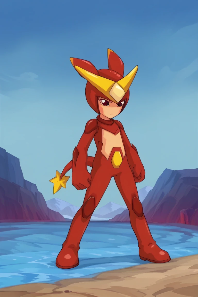 score_9, score_8_up, score_7_up, score_6_up, score_5_up,score_4_up ,
miris, helmet, red eyes, red bodysuit, solo, standing, outdoors, water, full body, closed mouth, sky, cloud, parody, legs apart, red gloves, red boots, tail