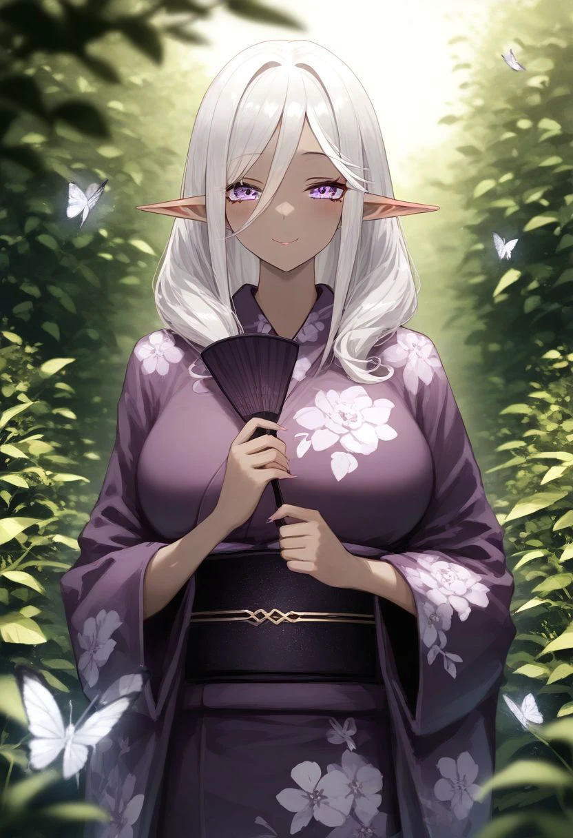 masterpiece, best quality, amazing quality, very aesthetic, absurdres, <lora:bellatrix(illust) 0.3v post:1>,
1girl, solo, medium hair, purple eyes, white hair, grey hair, pointy ears, dark skin, dark-skinned female, elf, dark elf, long pointy ears,
kimono, large breasts, purple kimono, outdoors, holding fan, grey butterfly, bug, butterflies, glowing bug, depth of field, garden, blurry foreground, floral print, looking at viewer,smile <lora:RLI(noobai)0.1v:1>