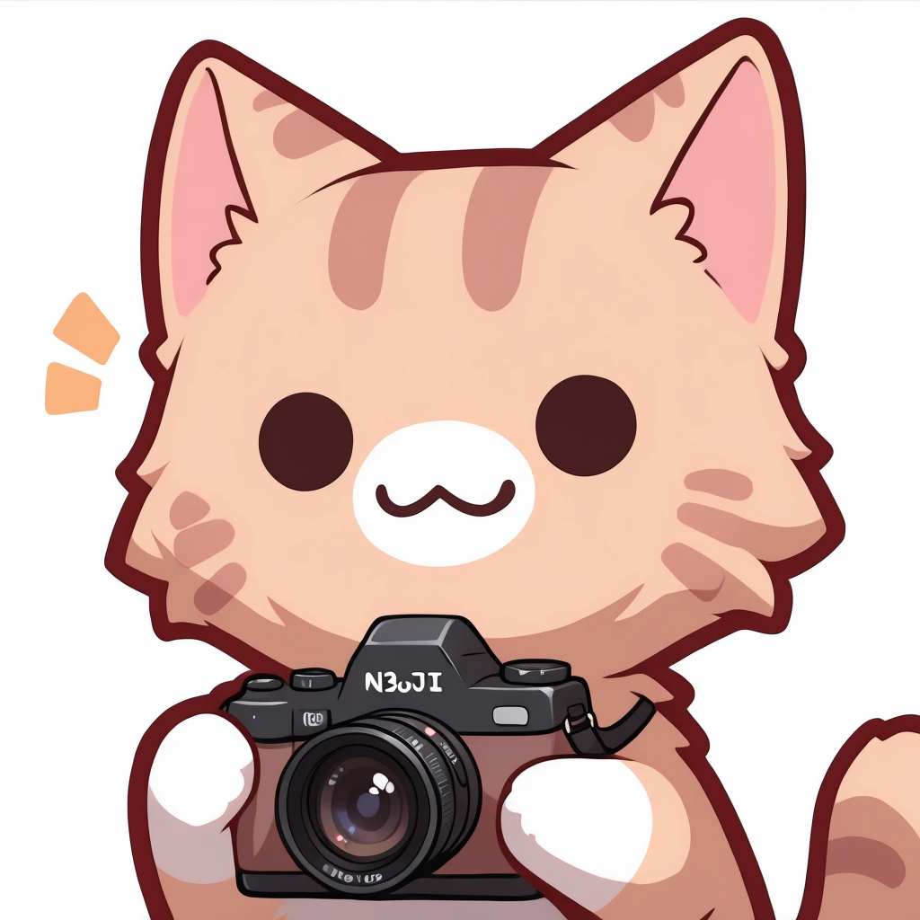 masterpiece, best quality, <break> animal focus, solo, no humans, n3koemoji, cat, :3, smirk, looking at viewer, holding camera, dot eyes, notice lines, simple background, white background