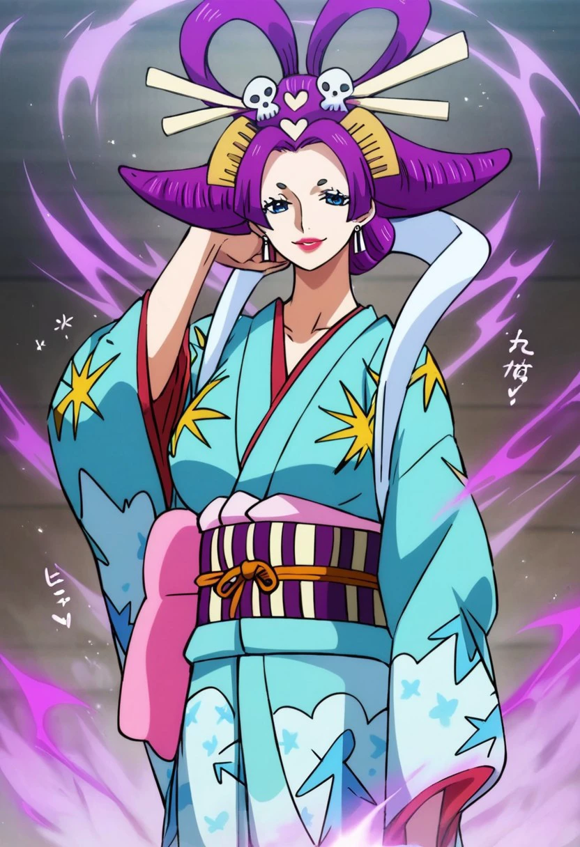 JigokuBentenOP, 1girl, solo, short hair, purple hair, hair ornament, blue eyes, lips, lipstick, large breast, japanese clothes, kimono, makeup,  biwa, wide sleeves, sash, earrings, obi, jewelry, hair rings, hair stick, nail polish, hagoromo, music,
seductive pose, sexy pose, tease,  in the spotlight, , ,
 score_9, score_8_up, score_7_up, beautiful aesthetic, very intricate, high quality details,vibrant, highly detailed, award-winning, professional,anime artwork, anime style, studio anime, athletic, curvy body, athletic girl, perky tits,large breast,perfect tits, round breasts, nipple outline,looking at viewer, pinup pose,teasing, dynamic lighting, cinematic, smug, better than you, aura of temptation, highly detailed, high resolution, masterpiece, detailed clother, detailed background, highly detailed, ((sound effects)) comic layout,