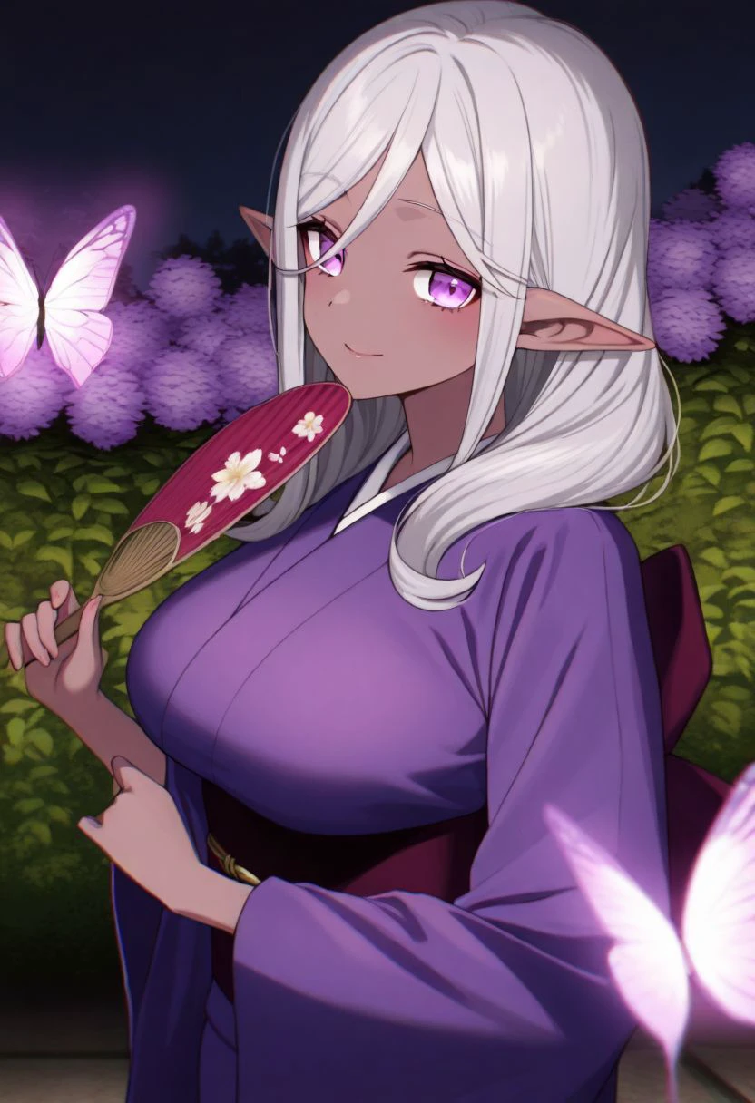 masterpiece, best quality, amazing quality, very aesthetic, absurdres, <lora:bellatrix(illust) 0.3v post:1>,
1girl, solo, medium hair, purple eyes, white hair, grey hair, pointy ears, dark skin, dark-skinned female, elf, dark elf, long pointy ears,
kimono, large breasts, purple kimono, outdoors, holding fan, grey butterfly, bug, butterflies, glowing bug, depth of field, garden, blurry foreground, floral print, looking at viewer,smile