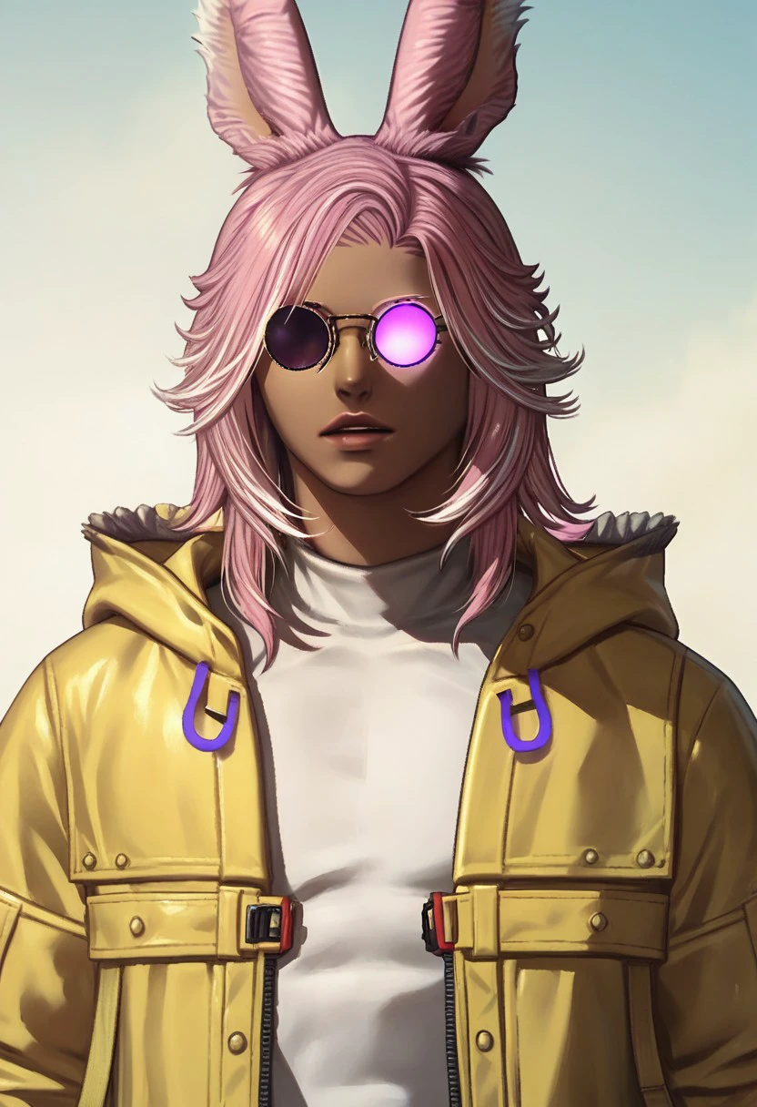 PonyXLV6_Scores BREAK Khris Tia, viera, animal ears, rabbit ears, solo, dark skin, pink hair, sunglasses, jacket, tinted eyewear, glasses, upper body, yellow jacket, round eyewear, male focus, 1boy, dark-skinned male, lips, open clothes, long hair, medium hair