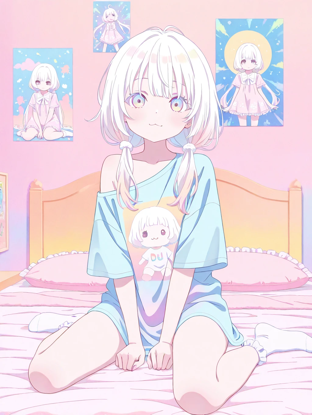 1girl,cute_face,low_twintails,albino,
white bobby socks,loose_t-shirt,oversized_t-shirt,single_bare_shoulder,
cute girly bedroom,posters,messy,on_bed,wariza,:3,
masterpiece,best quality,very aesthetic,absurdres,(pastel colors,colorful),
