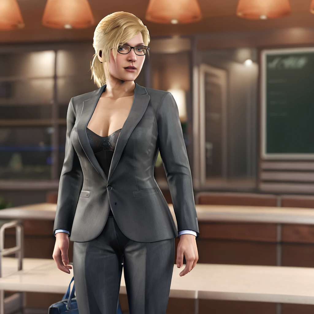 <lora:powergirlinjustice2_pony_v1:.9>PowerGirlInjustice2Karen, 1girl, medium breasts, blonde hair, cleavage, glasses, blue eyes, pants, suit, formal, ponytail, short hair, jacket, cowboy shot