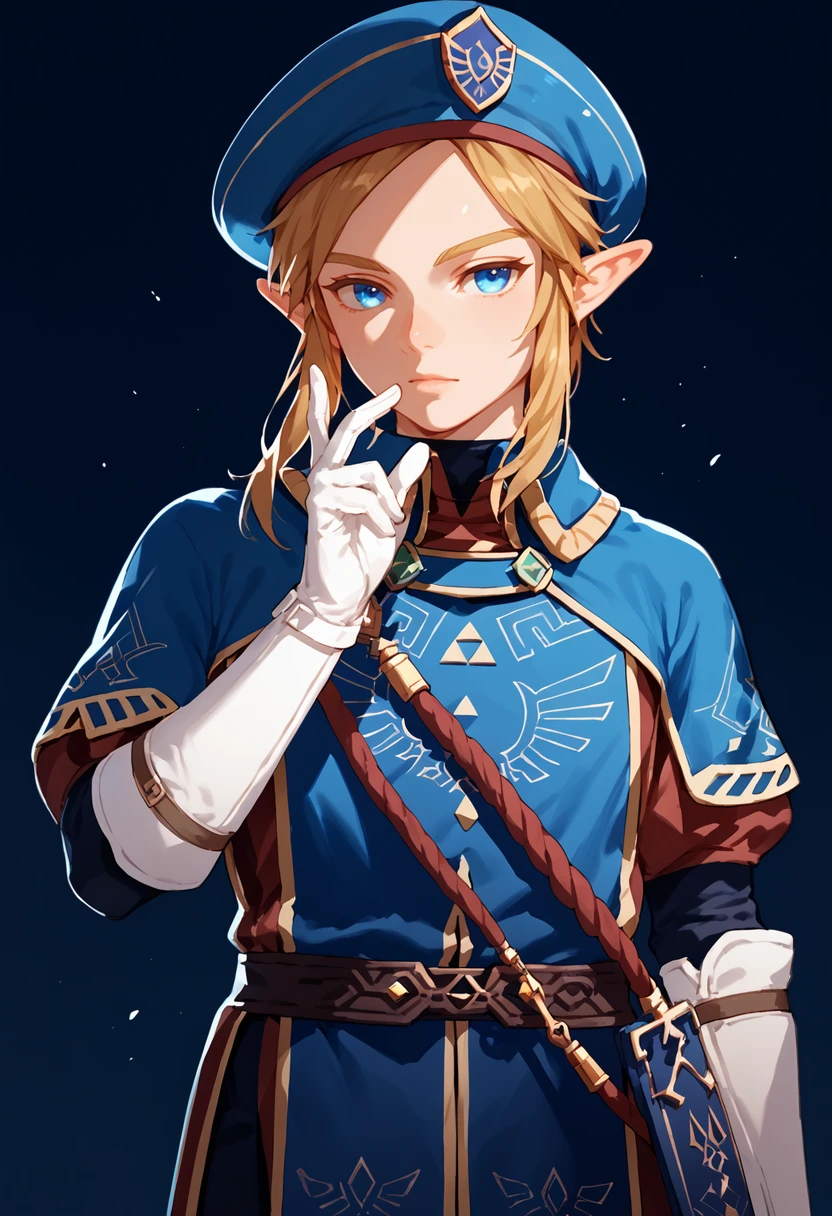 score_9, score_8_up, score_7_up, score_6_up, score_5_up, score_4_up, source_anime,
link, royal_guard, 1boy, solo, femboy, pointy ears, white gloves, blue eyes, hat, bangs, sidelocks, uniform