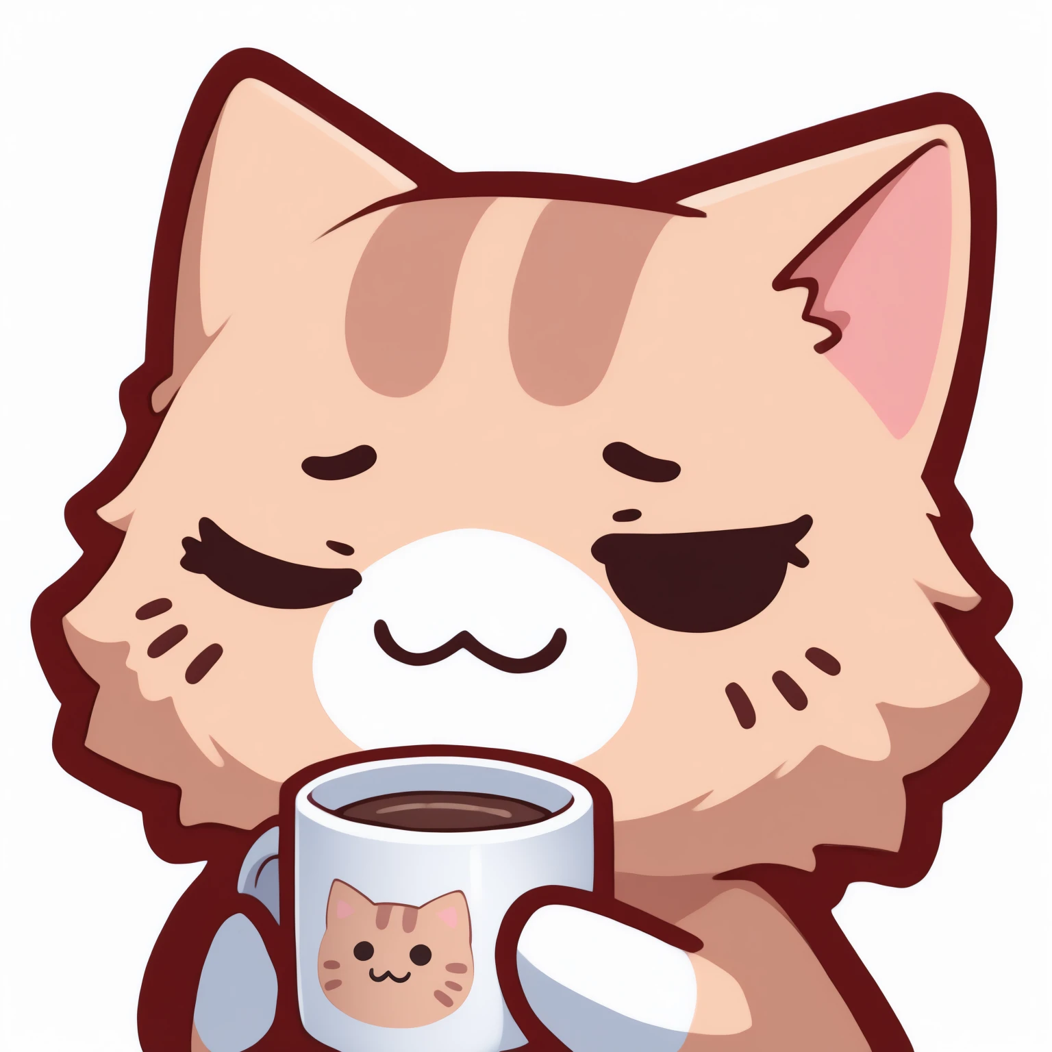 masterpiece, best quality, <break> animal focus, solo, n3koemoji, cat,  :3, holding coffee mug, tired, one eye closed, simple background, white background