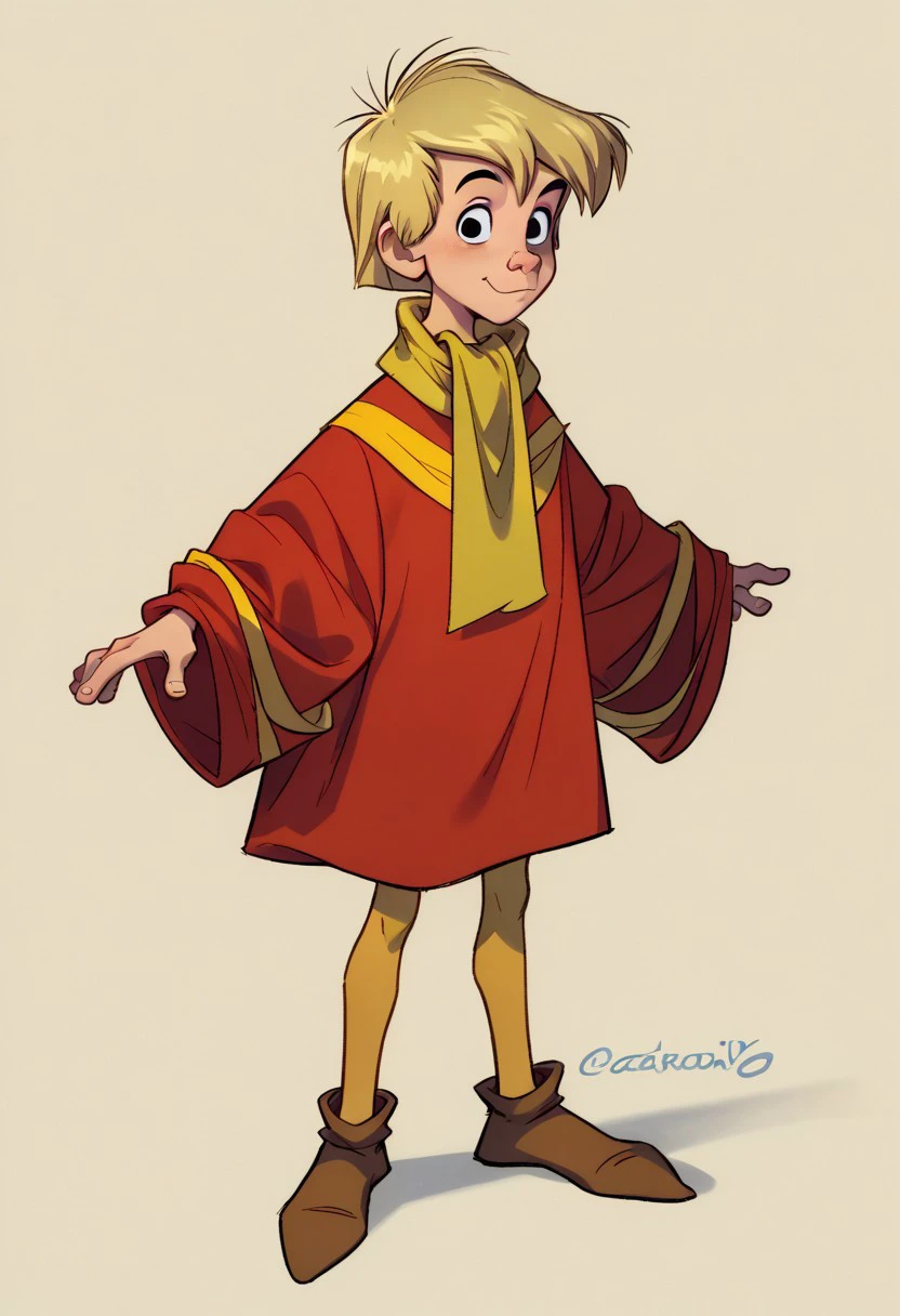 score_9, score_8_up, score_7_up, CuteCartoonStyle, 1boy, solo, male focus, Arthur, Blonde Hair, Black Eyes, Red Robe, Yellow Scarf, Tan Leggings, Brown Shoes