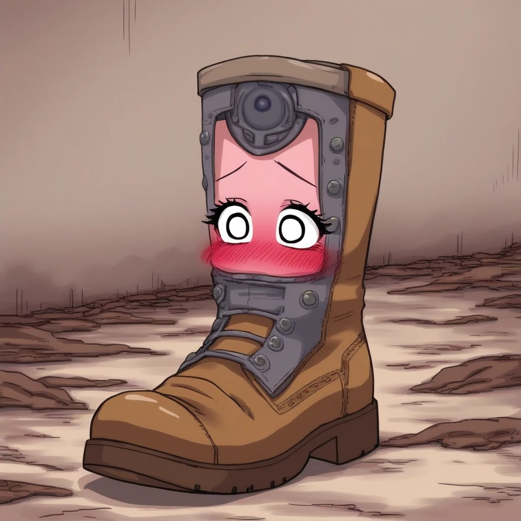 ((living Boot)), Boot Focus, Boot, face on Boot, blushing, open eyes, no people, anime style, sentient Boot, trapped as Boot, eyelashes, no head just a face,