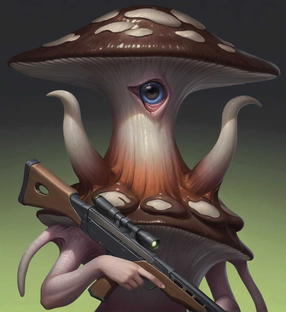 masterpiece, best quality, realistic, solo, 1other, <lora:StellarisPortrait:1> st portrait, st fungoid, upper body, looking at viewer, mold, brown mushroom, horns, one-eyed, holding rifle, gradient background, simple background,