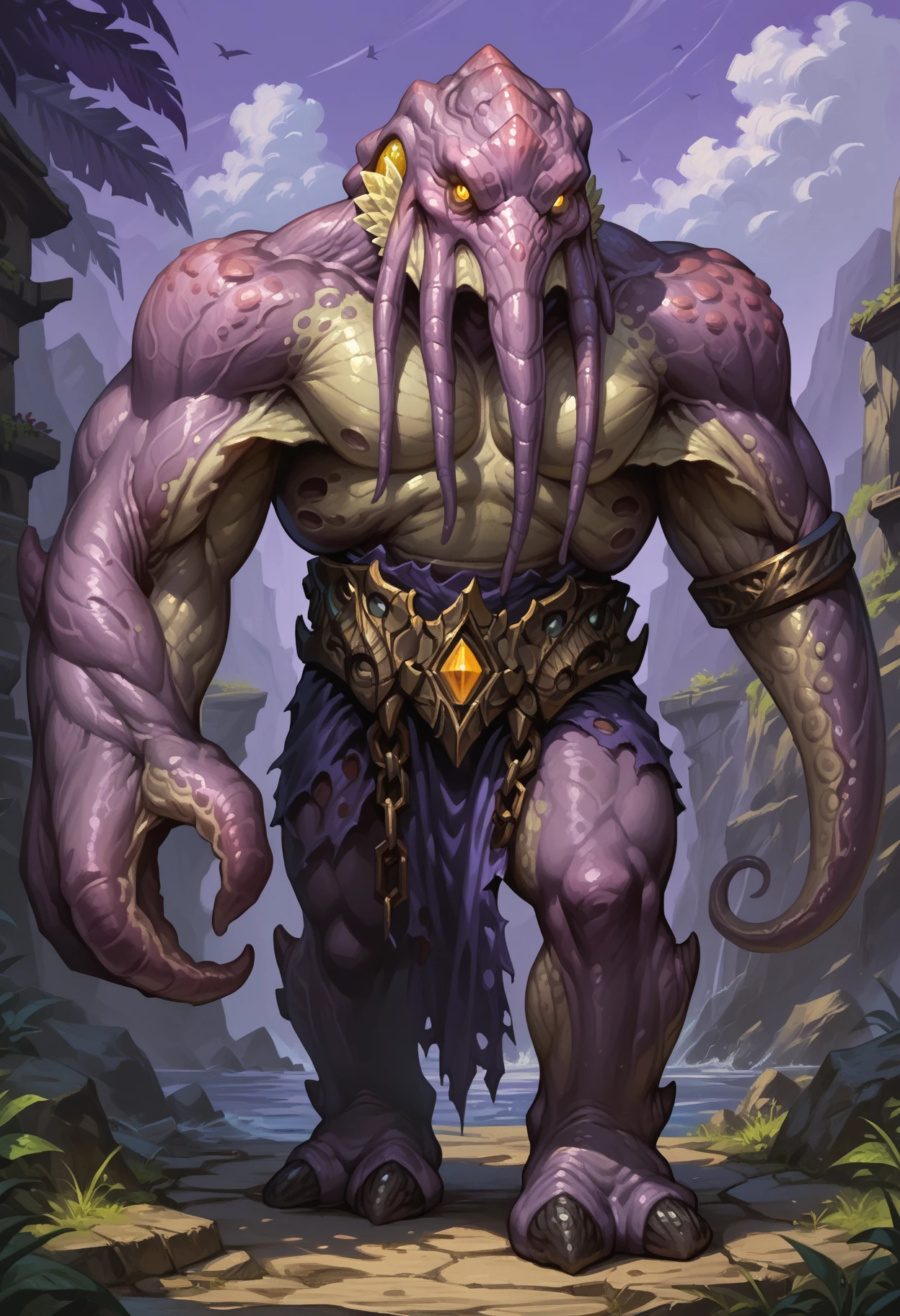 zPDXL3, score_9, score_8_up, score_7_up, detailed face, detailed body, detailed background, perfect anatomy, masterpiece, high quality, best quality, outdoors, purple background BREAK three-quarter view, male, muscular, big pecs, thick thighs, faceless_one, monster, purple skin, yellow eyes, glowing eyes, looking at viewer, standing <lora:FacelessOne_WoW_V1:0.85> <lora:detailed_notrigger:1> <lora:d3t41l3dXLP:0.5>