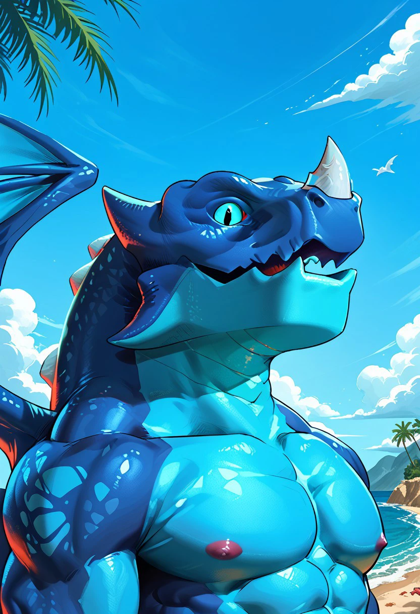 score_9, score_8_up, score_7_up,source_furry, furry , muscular male, dragon , masterpiece, high quality, best quality, rating_safe,BREAK,no humans,colored sclera, (from side:0.5),  claws, beach, electro dragon, nose horn, blue sky, sea, sand, tree, blue body, wings, (wings out of frame), (upper body:1.3) , (closed mouth), abs, large pectorals, looking at viewer,bara, detailed eyes, slit eyes,