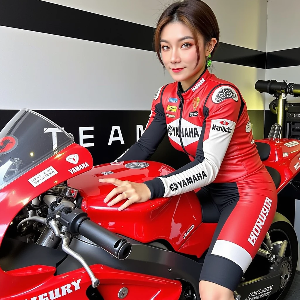 An anime character wearing a red and white racing suit adorned with black accents and logos, including Yamaha and Marlboro, is sitting on a motorcycle matching in color. The motorcycle and character are situated inside a garage. The character has dark hair pulled back into a low ponytail and is also wearing green earrings. The text "TEAM" is visible, suggesting the context of a racing team environment or branding.