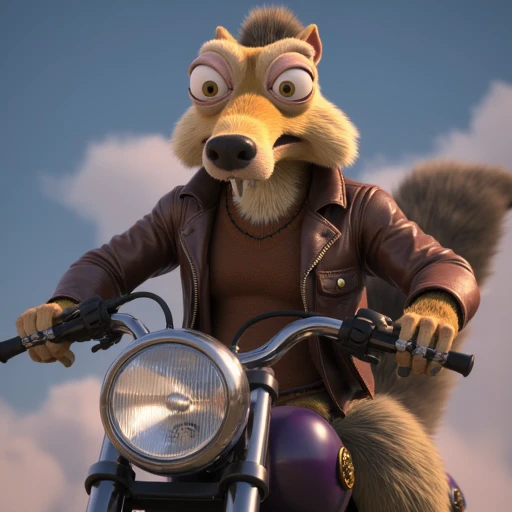 photorealistic Scrat riding a motorcycle, wearing a leather jacket,