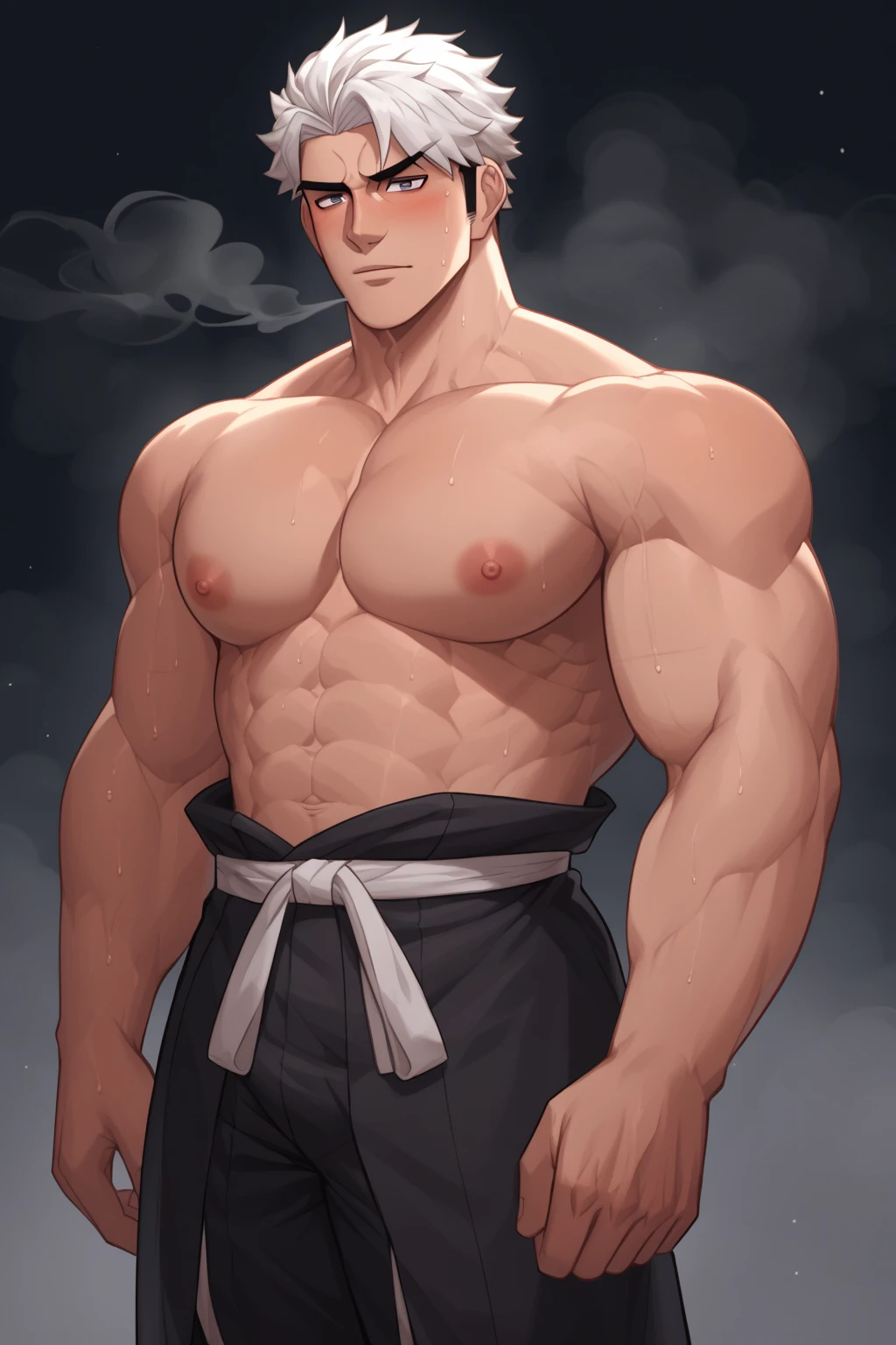 safe_pos, score_9, score_8_up, score_7_up, borderless, rating_explicit, 1_boy, mature_male, thick neck, male_solo, bara, white-skinned male, white skin,  japanese clothes, hadanugi dousa, very white skin, stomach, sweaty, heavy breathing, muscular_body, nipples, bara_man, handsome, masculine, sexually attractive man, huge man, muscular bodybuilder, slim waist, thin waist, huge pectorals, muscly, hunk, cowboy_shot, slight blush, absurdres, wolfconf, black smoke, smoky, partially disintegrating, body is disintegrating, body disintegrating into black smoke, black smoke, hazy, white hair, arms are disintegrating into smoke, dissolving into smoke, face half dissolves into black smoke, disappearing, eerie, ominous, smoke engulfing face, fading, dark mist, disappearing figure, eerie atmosphere

A man dissolving into dark black smoke, with his body partially disappearing. The smoke engulfs half of his face and body, creating a sinister, eerie atmosphere. The remaining visible parts of him appear distorted and fading, as if vanishing into the mist. The smoke swirls around him, making the scene ominous and mysterious.