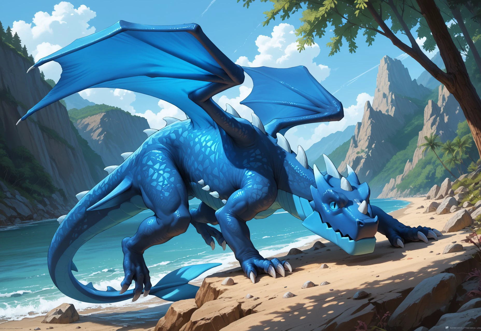 safe_pos, score_9, score_8_up, score_7_up ,feral,  muscular male, dragon , masterpiece, high quality, best quality, rating_safe,BREAK,no humans,colored sclera, full body, from side, claws, beach, electro dragon, nose horn, blue sky,stone, tree, blue body, wings, tail, tail fin, all fours, (closed mouth:1.4), river, forest, detailed eyes, detailed claws, 