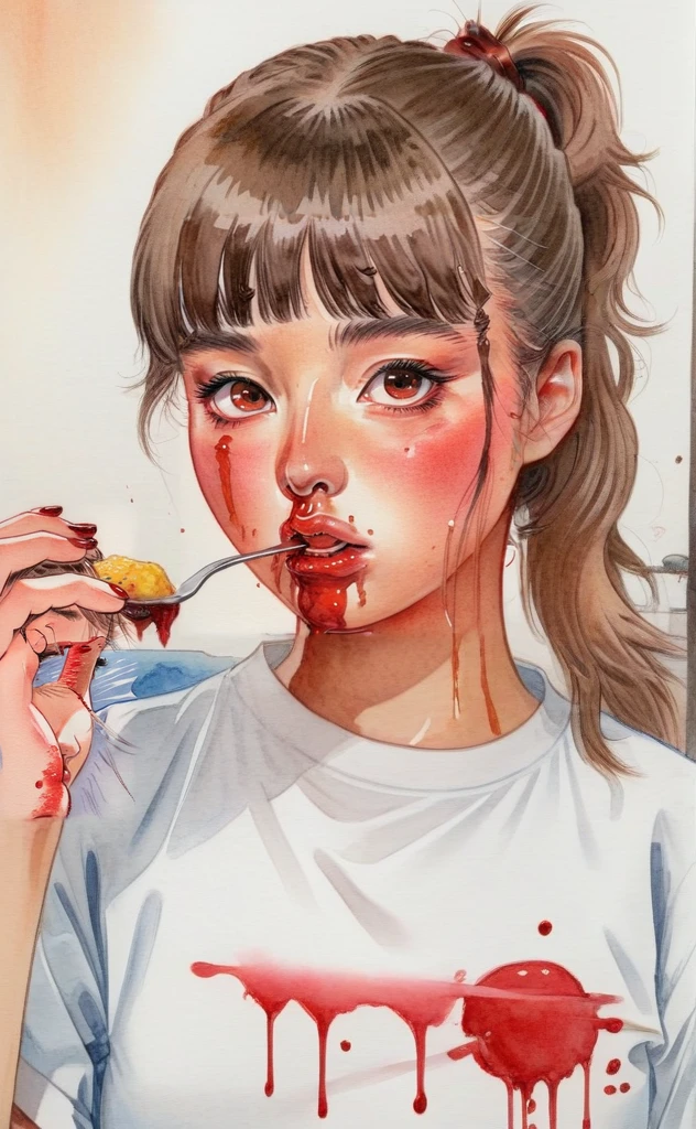 water color,1girl,solo,Ponytail,Bangs,blood,shirt,nosebleed,looking at viewer,food,white shirt,bangs,parted lips,holding,brown eyes,