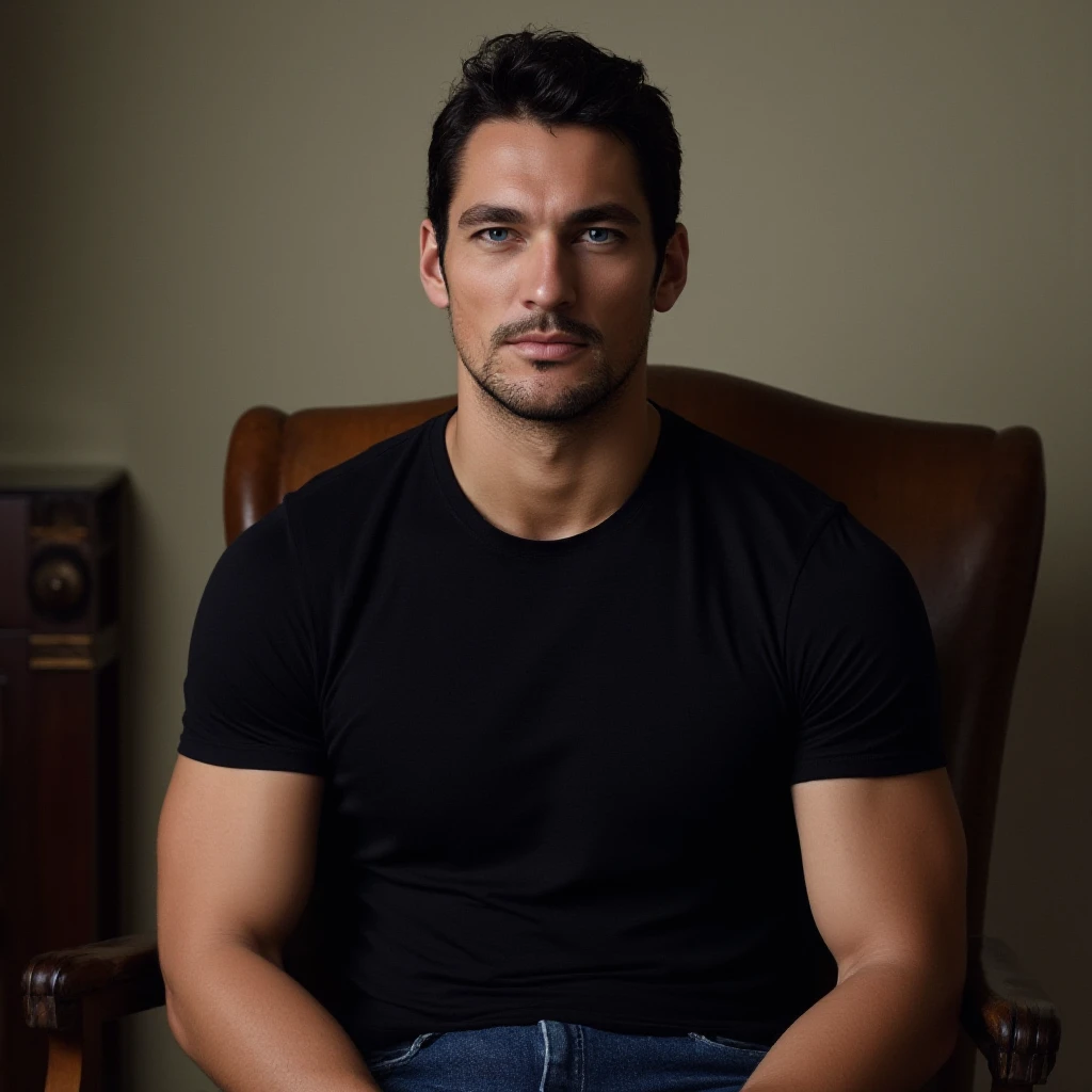 dgandy1, David Gandy a man asitting on a chair in a room wearing a tight black tshirt, professional photography, photoshoot