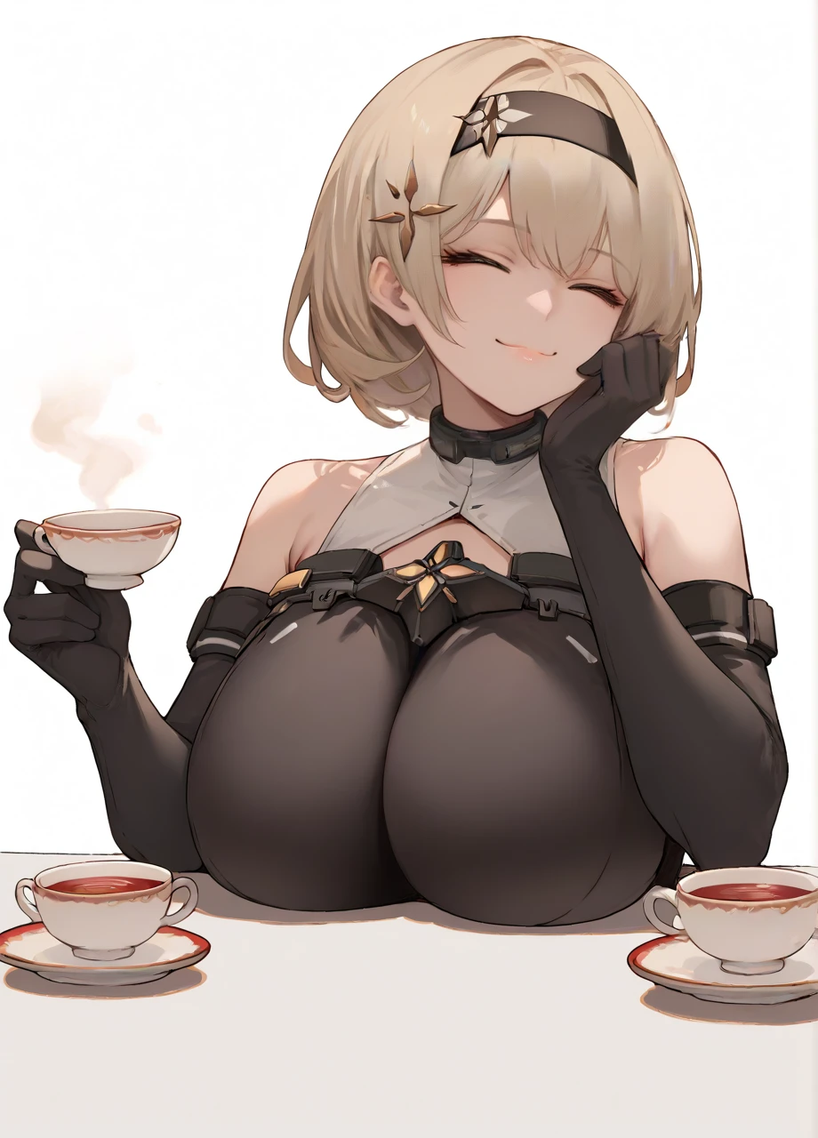 <lora:NIKKE_RedNihil-PONY:0.8> solo, closed eyes, smug, holding teacup, nikkeredshoes, short hair, hair ornament, hairband, huge breasts, exposed shoulders, leotard, elbow gloves, score_9, score_8_up, score_7_up, score_6_up,