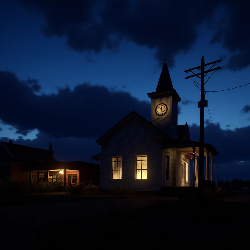 cinematic film still of  <lora:Red Dead Redemption style v1:0.9>
a small church with a clock tower in a town, outdoors, sky, cloud, no humans, window, night, building, night sky, scenery, blue theme, dark, lamppost, tower, epic, Western, adventures, outlaw, Red Dead, Western United States, wild west, cowboy, cowgirl, Open world, 1900's, realistic, cinematic, film look, dramatic light, partially covered in shadows, gang, Western-themed action-adventure, Red Dead Redemption style, sign, shallow depth of field, vignette, highly detailed, high budget, bokeh, cinemascope, moody, epic, gorgeous, film grain, grainy