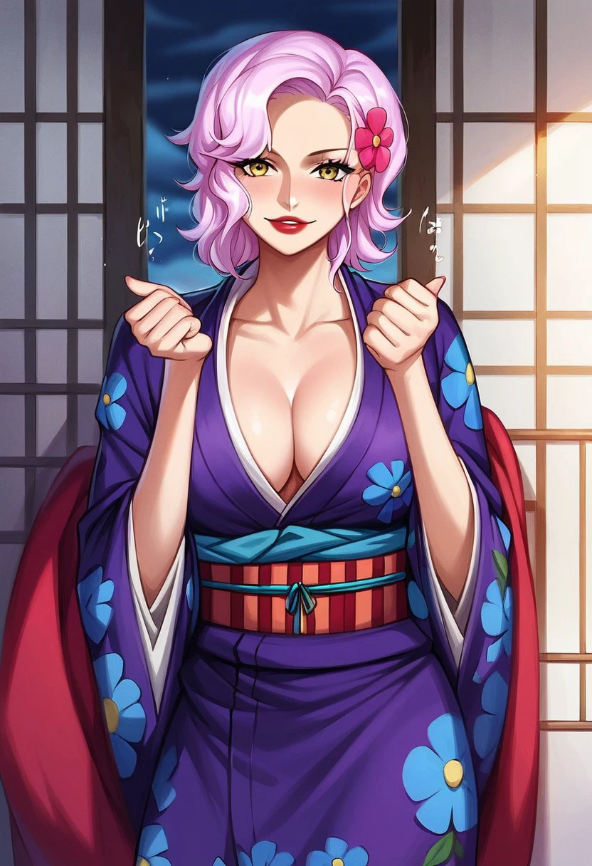 SarahebiOP, 1girl, solo, pink hair, short hair, hair flower, yellow eyes, lips, lipstick, large breast, japanese clothes, kimono, makeup, sash, obi, flower ornament, floral print, kiseru, sandals,
seductive pose, sexy pose, tease,  in the spotlight, , ruins, detailed hands,
 score_9, score_8_up, score_7_up, beautiful aesthetic, very intricate, high quality details,vibrant, highly detailed, award-winning, professional,anime artwork, anime style, studio anime, athletic, curvy body, athletic girl, perky tits,large breast,perfect tits, round breasts, nipple outline,looking at viewer, pinup pose,teasing, dynamic lighting, cinematic, smug, better than you, aura of temptation, highly detailed, high resolution, masterpiece, detailed clother, detailed background, highly detailed, ((sound effects)) comic layout,