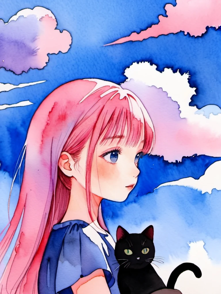 1girl,pink hair,black cat,holding,blue sky,white clouds,watercolor,texture,