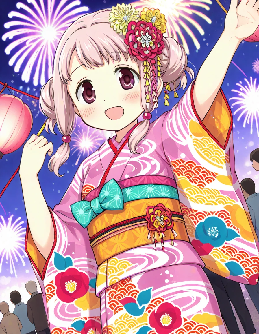 tamaki ui, yukata, solo, arm up, festival, fireworks, dutch angle, <lora:20241117154753_tamaki_ui_animagine-xl-3.1:0.7>