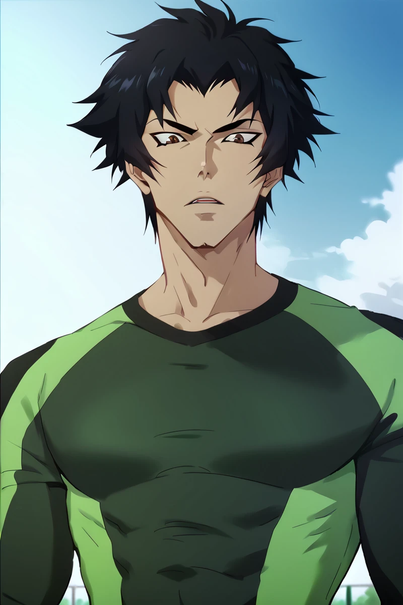 score_7_up, score_6_up, solo, male, view from below, akira, black hair, brown eyes, eyeliner, portrait chest up, tight clothes, pecs, muscular, green track suit, <lora:Akira:0.8>