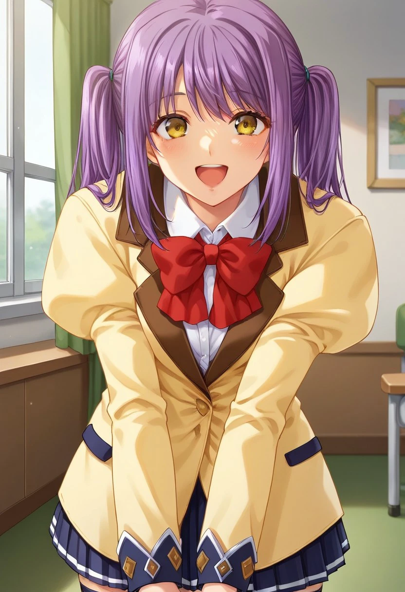 score_9, score_8_up, score_7_up, source_anime,indoors, 1girl, solo,looking at viewer, happy,indoors,,medium breasts, Long hair, Twin Tails, Violet hair,bangs, yellow eyes,
School Uniform,,red bow,long sleeves, white shirt,beige jacket,blue pleated skirt, zettai ryouiki, blue thighhighs