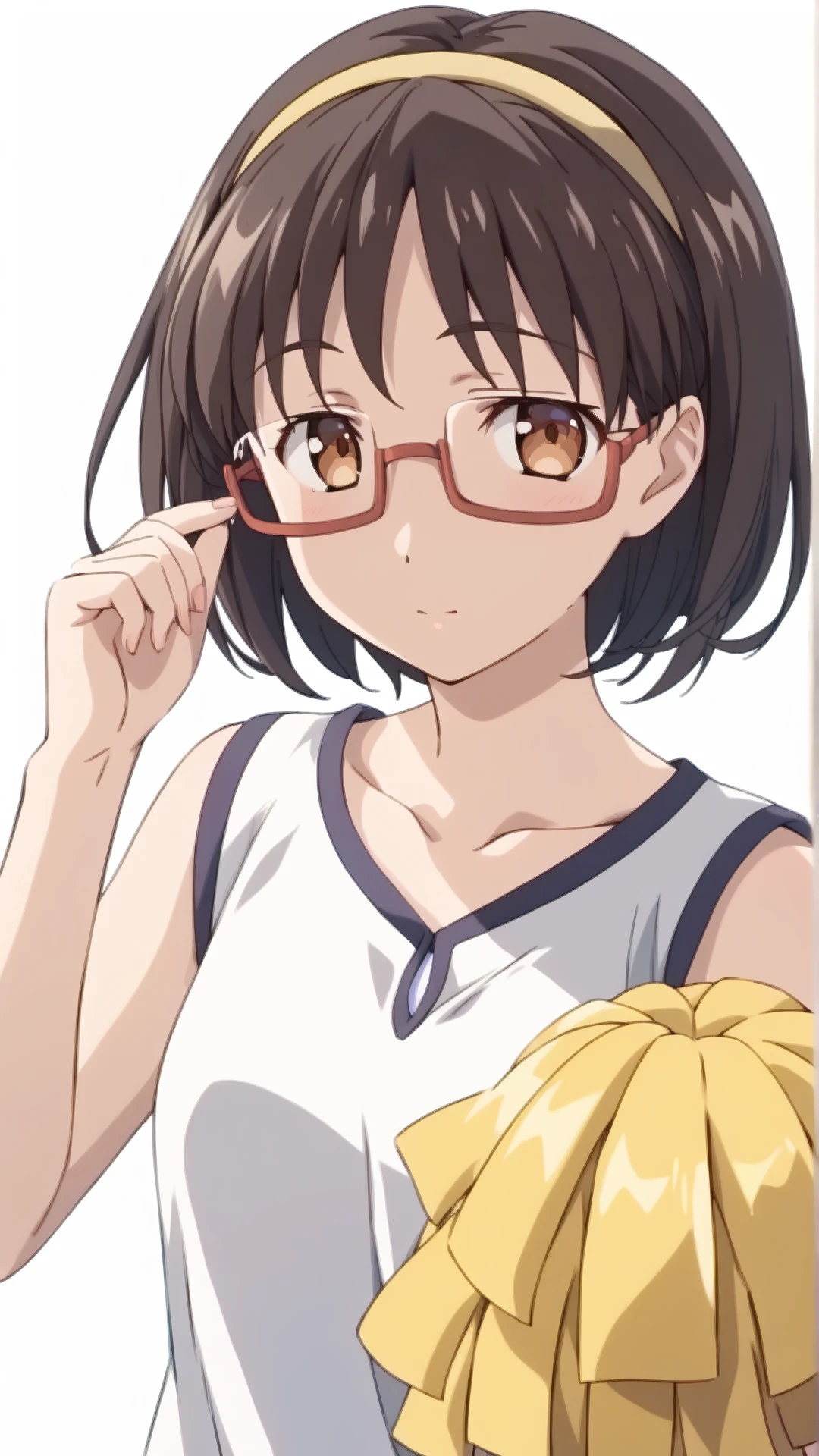 score_9, score_8_up, score_7_up, BREAK source_anime, rating_safe, best quality, masterpiece, uncensored, 1girl,  <lora:Joanna_gunsword_pony_v1.0:1>J0an2a,short hair,brown hair,brown eyes,glasses,semi-rimless eyewear, hairband,cheerleader