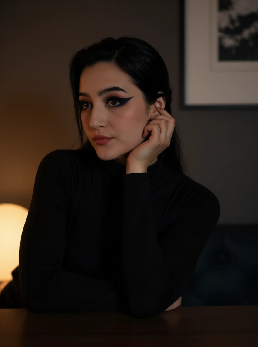 portrait of ch4rl0tt3g3rm4n woman, posing on a office at night, serene and warm, natural lighting, soft focus, high-resolution, elegant and introspective atmosphere, quiet sophistication, wearing a turtleneck yarn blouse, slight smile
