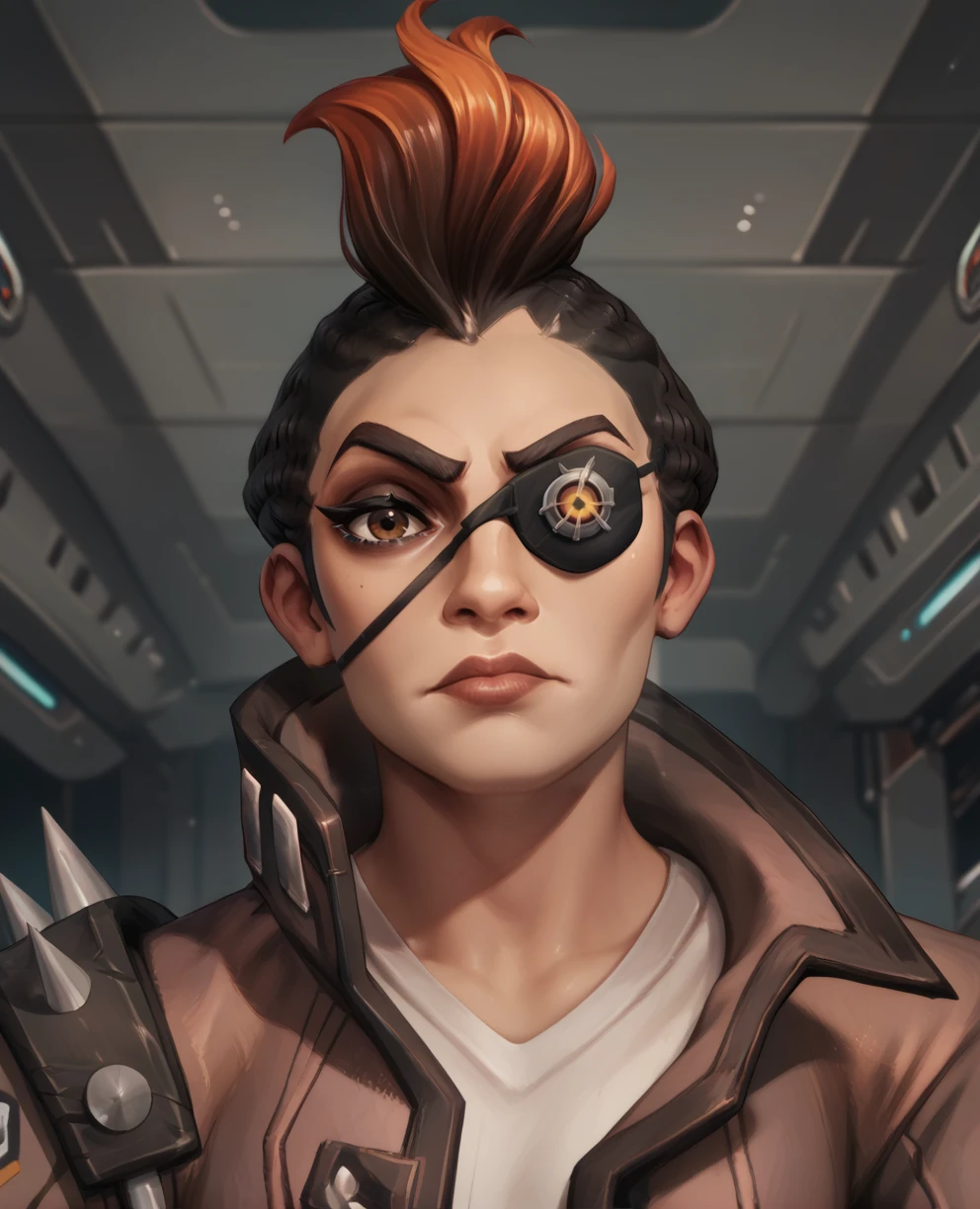 score_9,score_8_up,score_7_up,score_6_up,
reynaxl,multicolored hair,eyepatch,mohawk,brown eye,
brown jacket,looking at viewer,shoulder spike,
close up,
space ship,indoors,
<lora:reynaxl:0.9>,