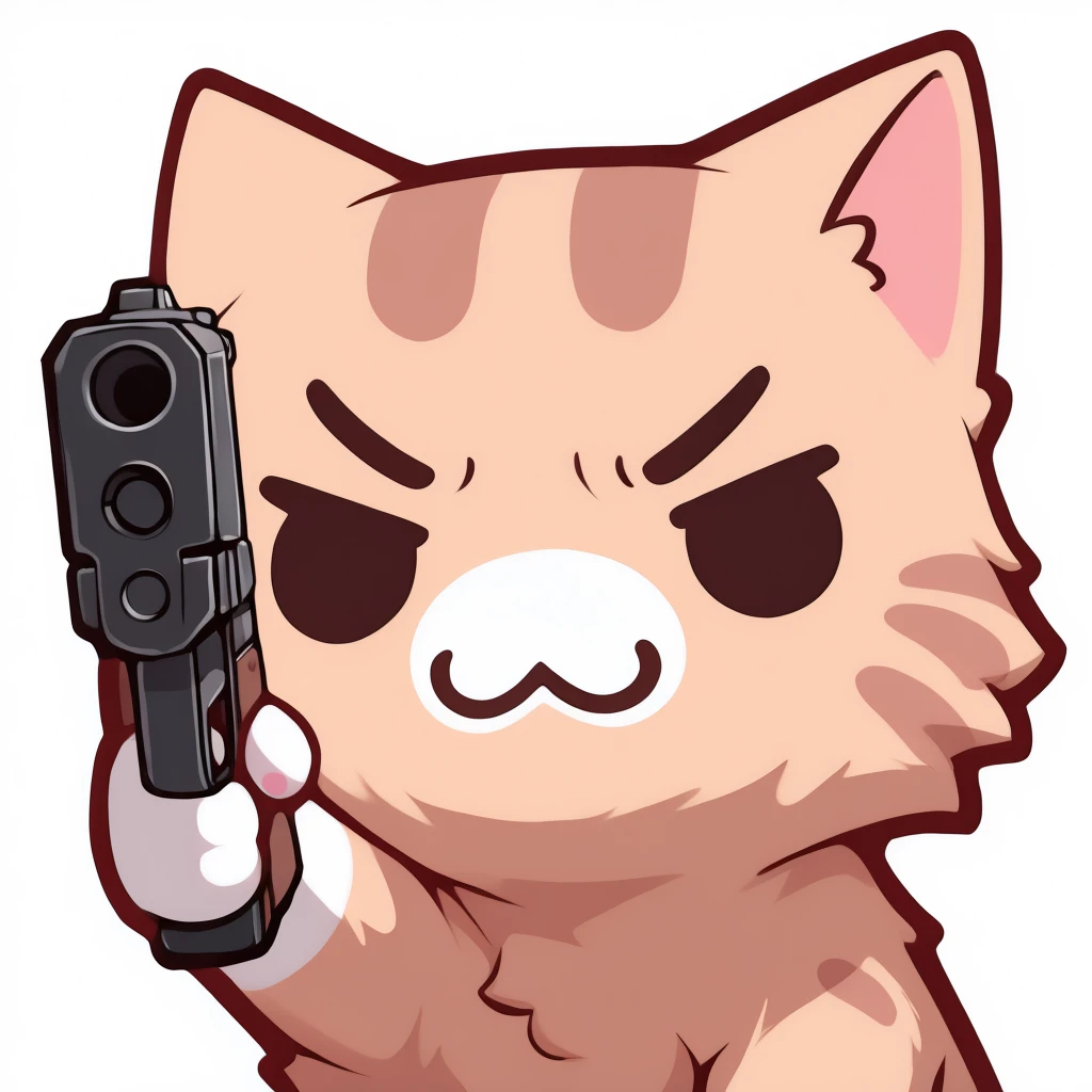 masterpiece, best quality, <break> animal focus, solo, no humans, n3koemoji, cat, :3, holding gun, handgun, aiming at viewer, v-shaped eyebrows, simple background, white background